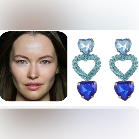 Romantic Blue Crystal Three Heart Drop Earrings - Picture 4 of 17